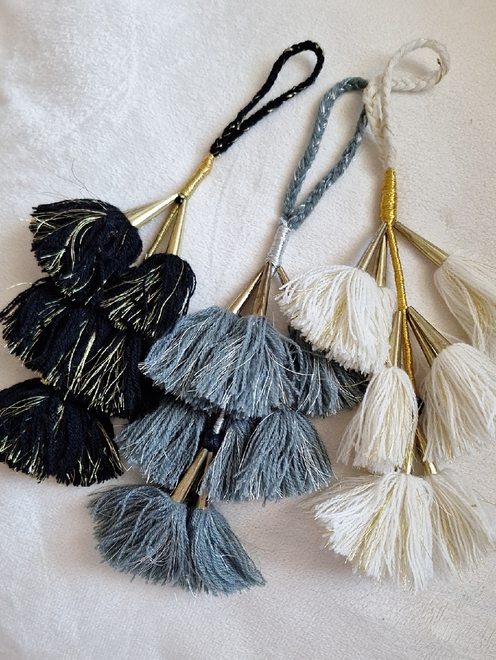 Decorative Tassel Keychain or Ornament Trio in Gold Black, Gray Blue and Cream